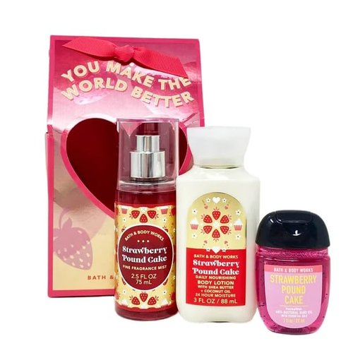 Bath & Body Works Strawberry Pound Cake You Make The World Better Travel Gift Bag Set - Fine Fragrance Mist - Daily Nourishing Body Lotion - Hand Gel - Travel Size