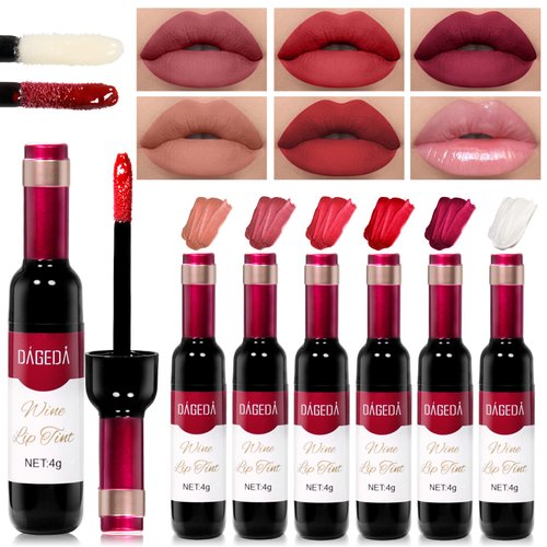 DAGEDA Wine Lip Tint, 5 Matte Lipstick and 1 Lip Plumper Set, Long Lasting Waterproof Liquid Lipstick, Velvety Liquid Wine Bottle Lip Gloss, Non-stick Cup Lip Makeup Kit (Color C)