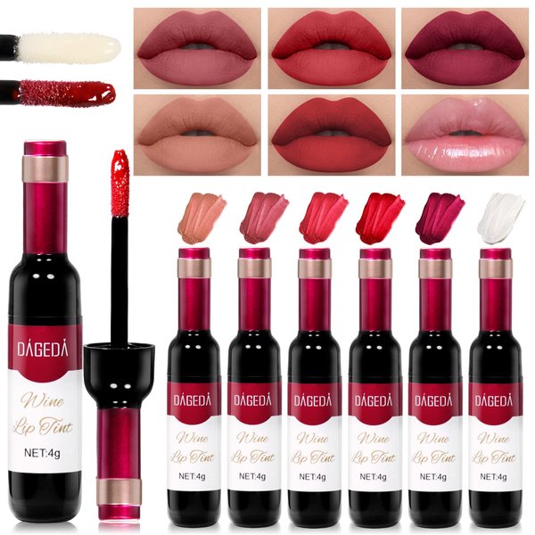 DAGEDA Wine Lip Tint, 5 Matte Lipstick and 1 Lip Plumper Set, Long Lasting Waterproof Liquid Lipstick, Velvety Liquid Wine Bottle Lip Gloss, Non-stick Cup Lip Makeup Kit (Color C)