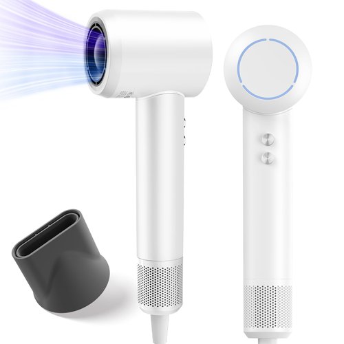 PLUZZ High Speed Negative Ionic Blow Hair Dryer, 110,000 RPM Brushless Motor Fast Dry, 2023 French Design Gold Award, Compact for Travel, Magnetic Nozzle, Low Noise, 14M Replacement Warranty (White)