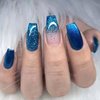 MISUD Medium Coffin Press on Nails, Blue Ombre Fake Nails, Glossy Glue on Nails, Sparkly Acrylic Nails, Bling Glitter Artificial Nails, Ballerina False Nails with Design 24 pcs