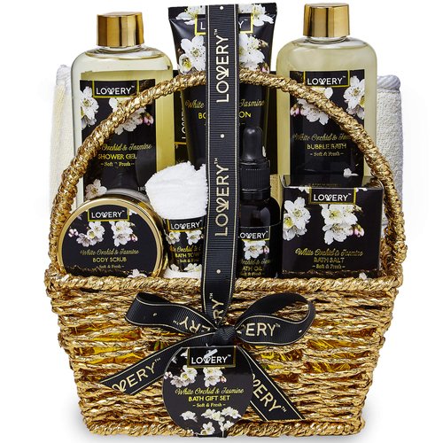 Christmas Gifts for Mom, Bath and Body Gift Basket for Women and Men – Orchid & Jasmine Home Spa Set With Body Scrubs, Lotions, Oils, Gels and More - Care Package for Women & Men - 9 Piece Set