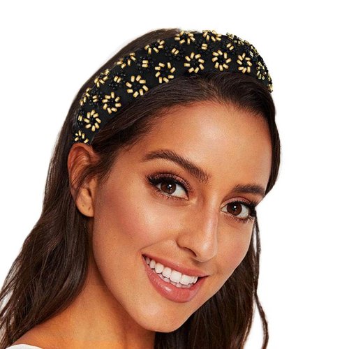 Fdesigner Black Headband Beaded Wide Headbands Boho Hairband Beads Embellished Headpiece for Women (Black)