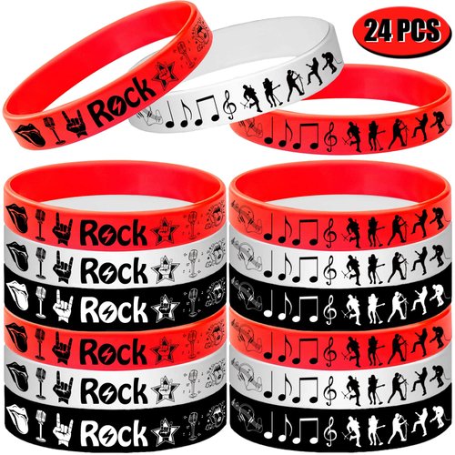 24PCS Rock and Roll Silicone Bracelets Rubber Wristbands -Music Party Favors Music Notes Party Decorations Musican Guitar Audio Record Microphone Rap Birthday Baby Shower