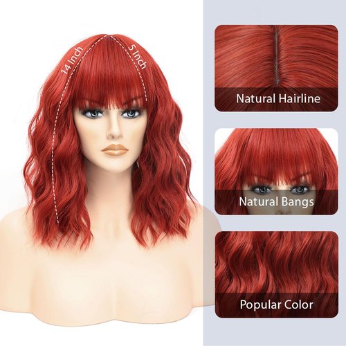 LOSMOEER Red Wig with Bangs Short Wavy Wigs for Women Shoulder Length Curly Bob Wigs Heat Resistant Synthetic Wigs for Halloween Cosplay Daily Party Use
