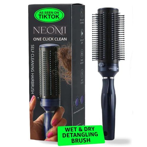 Detangler Brush for Women - Curly Hair Blow Dryer Round Brush for Blow Out - Self Cleaning Roller Retractable Hairbrush for Wet or Dry Womens and Men Navy Blue