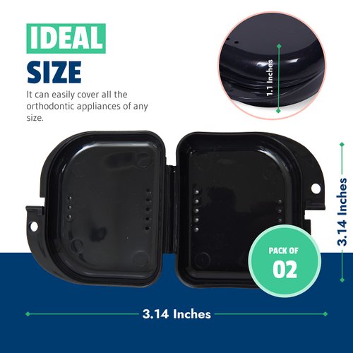 Mrs. Odonto Retainer Case - Pack of 2 - Odorless Mouth Guard Case - Ventilated, Durable & Hygienic for Carrying and Protecting Braces, Dentures & Aligners - 3.14 x 3.14 x 1.1 - (Black)