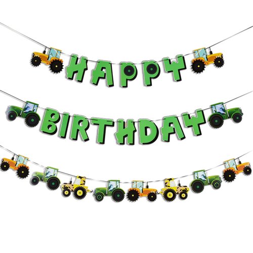 SUNBEAUTY Green Tractor Happy Birthday Banner Set with Tractor Garland Banner for Tractor Farm Th...