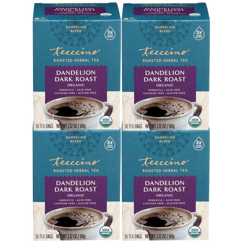 Teeccino Dandelion Root Tea - Dark Roast - Caffeine Free, Organic, Roasted Herbal Tea with Prebiotics, 3x More Herbs than Regular Tea Bags - Gluten-Free, Acid-Free Coffee Alternative - 10 Tea Bags (Pack of 4)