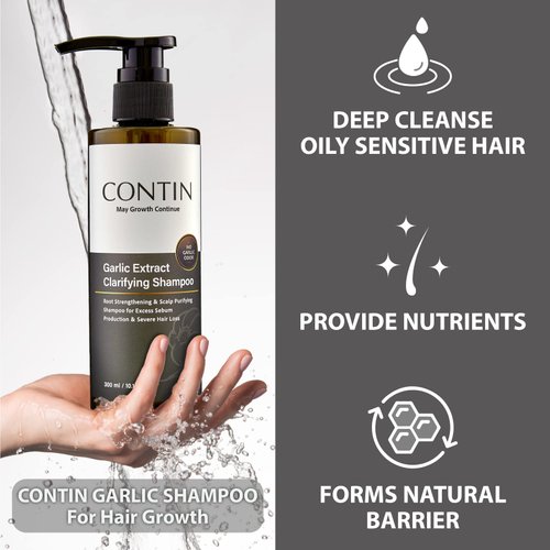 CONTIN Garlic Shampoo for Oily Sensitive Hair, Natural Scalp Treatment for Hair Loss and Hair Growth, Anti-Thinning and Anti-Dandruff for Thicker Fuller Hair, Follicle Clarifying, Roots Strengthening, Unscented Hair Care Products for Men and Women, 10.14 