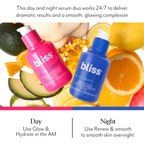 Bliss AM+PM Serum Duo: Glow & Hydrate Day Serum with Vitamin C + Renew & Smooth Night Serum with Glycolic Acid for 24-Hour Radiant, Hydrated Skin - Daily Skincare Routine Set