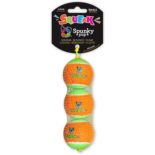 Spunky pup Squeaky Tennis Balls for Dogs SP2020 | Squeak - Toss - Fetch - Bounce - Floats | Durable Brightly Colored Ball | Especially Made for Small Dogs 2” Diameter with Mesh Bag | 3 Pack