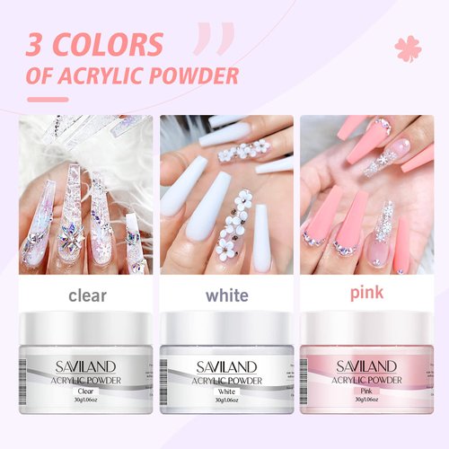 Saviland Acrylic Nail Kit - Big Capacity 30g Clear Pink White Acrylic Powder and Liquid Set 120ml for Acrylic Nails Extension, Beginner Nail Kit for Nail Art Designs Home DIY