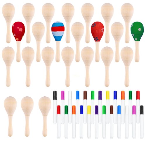 CHRORINE 24/36Pcs Wooden Maracas for Kids, DIY Set with 24Pcs Color Pens, Maracas Musical Instruments for Cinco De Mayo Mexican Fiesta Birthday Party Favors Supplies (24)