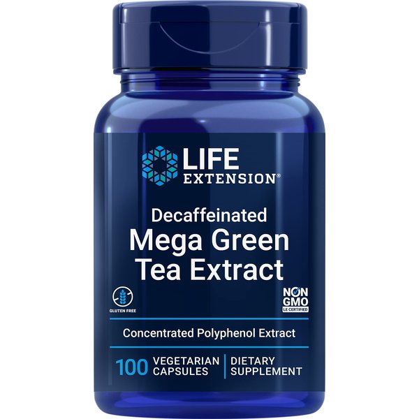 Life Extension Decaffeinated Mega Green Tea Extract – Polyphenol-Rich, Cell Health, Heart Health, Brain Health, Antioxidant Protection – Non-GMO, Gluten-Free, Vegetarian – 100 Capsules
