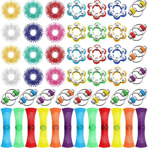 Jexine 48 Pcs Fidget Toys Stress Relief Sensory Toys, Include Sensory Rings Finger Fidget Ring Roller Chain 6 Wheeled Bike Chain Fidget and Soothing Marble Fidget Toy for Adult Teen Adhd Autism