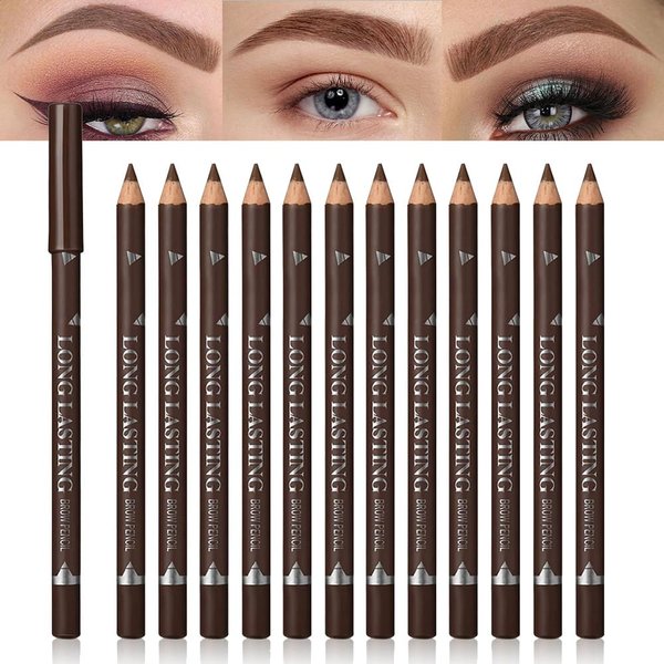 12Pcs brown eyebrow pencil, wooden hard-core eyebrow pencils, eyebrow pencil medium brown, eyebrow and eyeliner pencils, waterproof and sweat-proof, beginner makeup eyebrow pencil, medium brown