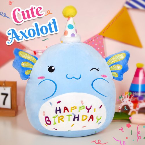 CozyWorld 14“ Birthday Axolotl Plush Pillow, Blue Axolotl Stuffed Animal Soft Axolotl Plush Toy, Cute Plushie Doll Gifts for Kids & Birthday Party Decor
