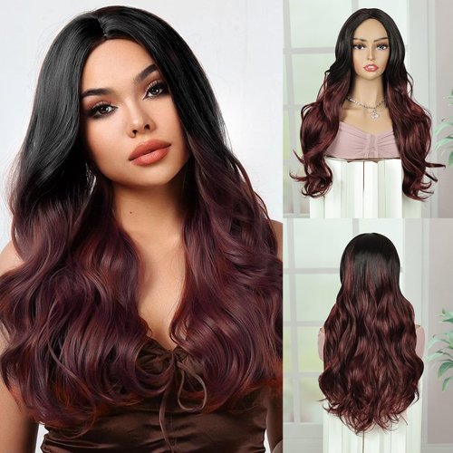 BECUS Burgundy Wig 22inch Long Red Wigs for Women Middle Part Natural Curly Wavy Synthetic Replacement Wig for Party Wig