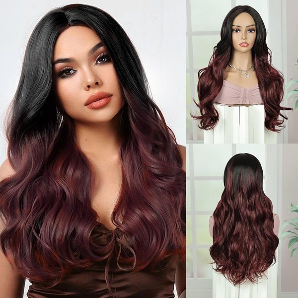 BECUS Burgundy Wig 22inch Long Red Wigs for Women Middle Part Natural Curly Wavy Synthetic Replacement Wig for Party Wig