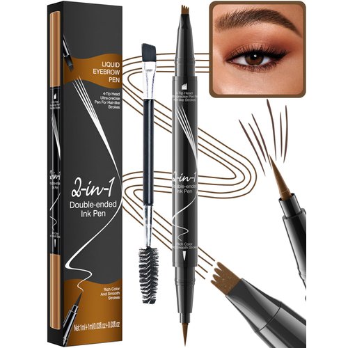 Microblading Eyebrow Pen & Eyeliner - Eyebrow Pencil Magical 2-in-1 Waterproof Eye Brow Pencils for Women with 4-Fork-Tip and Liquid Eyeliner, Create Natural Hair-Like Brows (Light Brown)