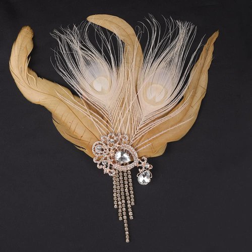 Aimimier 1920s Flapper Feather Hair Clip Crystal Tassel Roaring 20s Yellow Feather Headpiece Masquerade Hair Accessories for Women and Girls