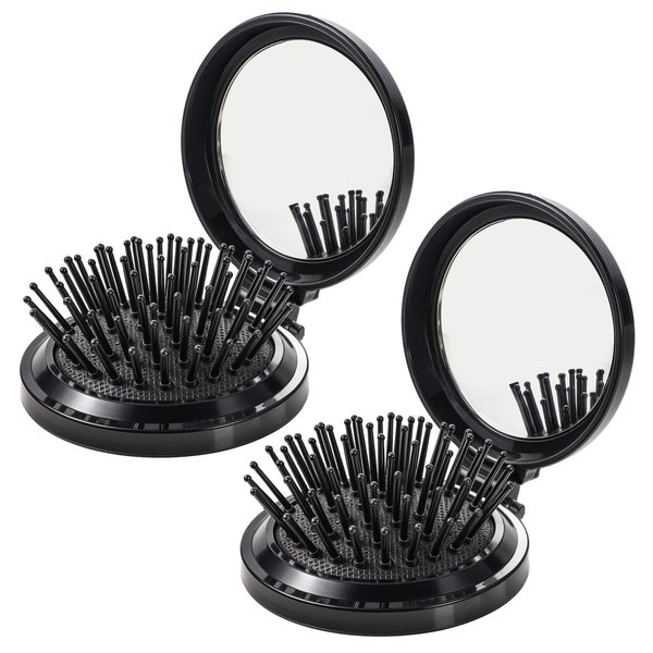 2 PCS Foldable Brush for Purse Compact Brush with Mirror Round Mirror Pocket Hair Brush Portable Mini Pop up Hair Brushes Compact Travel Size Hair Massage Comb for Women Men (Black)