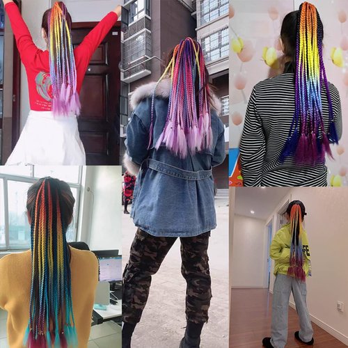 Colored Braids Hair Extensions with Rubber Bands Rainbow Braided Synthetic Hairpieces Ponytail Hair Accessories False Overhead Tail for Girls 24 inches Straight Hair Synthetic Hairpieces in the Party
