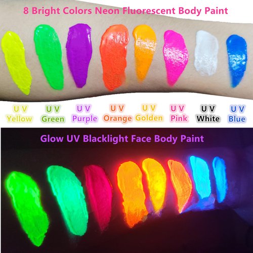 Go Ho UV Blacklight Neon Green Face Body Paint,Water Based Bright Color Neon Fluorescent Body Paint with Cushion Applicator,Glow In The Dark Under UV Lighting Party Neon Green Grinch Makeup Washable