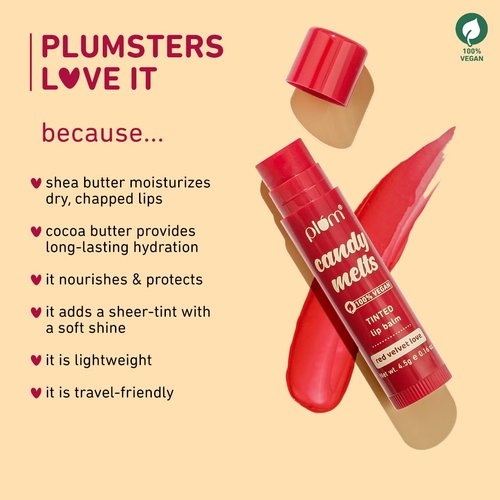 Plum Candy Melts Red Velvet Love Tinted Lip Balm | Moisturizes & Nourishes | Hydrates Dry & Chapped Lips | 100% Vegan | 4.5G (4.5 G (Pack Of 1) Red)