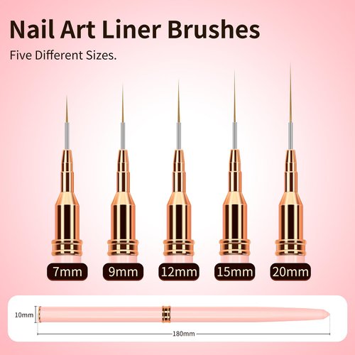 MEKK Liner Brush for Nails Gel 5PCS Nail Art Brushes Sizes 7/9/12/15/20mm for Nail Polish Painting Design Nail Art Brush with Metal Handle Pink Nail Brushes for Nail Art