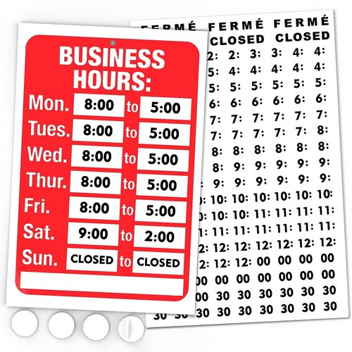 ASSURED SIGNS Open Signs, Business Hours Sign Kit for Glass Door or Window - Bright Red and White Colors - 7.7 x 11.7 Inch - Includes 4 Adhesive Pads and Number Sticker Set - Ideal Hours Of Operation Signs for Business, Store or Office