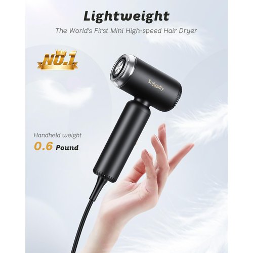 Lightweight Mini Hair Dryer,Professional High-Speed Brushless Motor Ionic Blow Dryer for Fast Drying, Magnetic Wall Mounted Diffuser Concentrator, Quiet Small Hairdryer (Black)