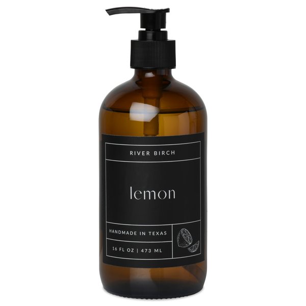 River Birch Lemon Scented Natural Hand Soap - Handmade Organic Hand Soap - Moisturizing Hand Wash with Amber Glass Dispenser - Luxury Scented Hydrating Hand Soap - Vegan and Non-Toxic - 16 Fl Oz