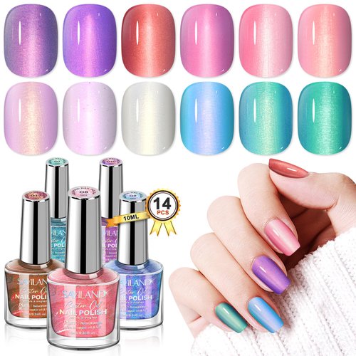 SAVILAND Aurora Nail Polish Set Quick-Dry: 12 Glossy Shimmer Holographic Pearl Duochrome Finger Nail Polish Bulk Nail Polish Non Gel with Base and Top Polish Coat Toe Nail Art DIY Salon for Women