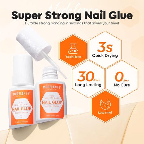 Modelones Nail Glue for Press Ons Nails Glue Strong 2pcs 14ml Nails Tips Glue Brush On Nails Glue Long Lasting Adhesive Nail Glue NO Cure
