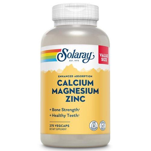 SOLARAY Calcium Magnesium Zinc Supplement - with Calcium 1000mg, Magnesium 500mg - Bone Health, Muscle Function, Heart Health and Immune Support - Vegan, 60 Day Guarantee, 68 Servings, 275 VegCaps