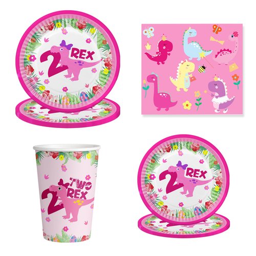 Dinosaur 2nd Birthday Party Supplies - two rex birthday supplies girl Includes Two Rex birthday supplies girl , Plates With Logo "2" , Cup，Napkins, Suitable For 20 Guests .
