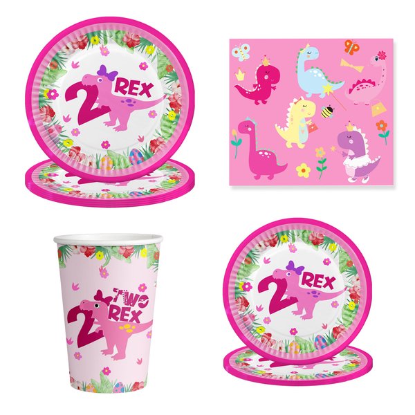 Dinosaur 2nd Birthday Party Supplies - two rex birthday supplies girl Includes Two Rex birthday supplies girl , Plates With Logo "2" , Cup，Napkins, Suitable For 20 Guests .