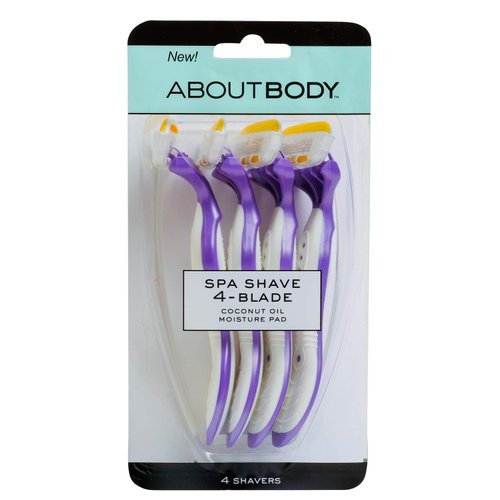 About Body Spa Shave 4-Blade Disposable Razors, Premium Disposable Shavers With Coconut Oil Moisture Pad, 4 Count