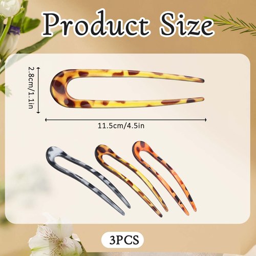 3 PCS French Hair Forks, 4.5 Inches U Shaped Hairpin Classic 2 Prong Hair Sticks Vintage French Hair Pin for Women Long Hairstyle Accessories
