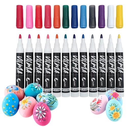 VILMA Easter Liquid Chalk Markers Window Markers for Cars Glass pens Wet Erase Markers Washable Blackboard Markers for Car Window, Mirrors,Signs,Crafts, 2MM Tip 12 Pack,12 Colors