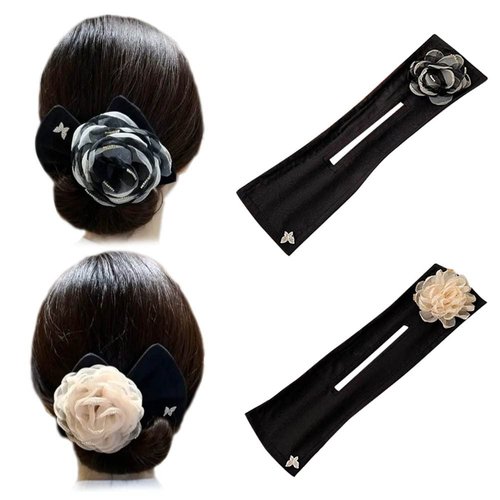 2PCS Hair Maker Cloth flower Hair Bun Wraps French Hairstyle Twist Donut Flexible Bun Former Hair Accessories for Hair Styling for Women girls,Black+Pink