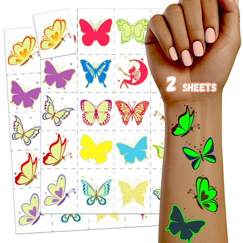 TatoYard Glow Party Favors for Kids Birthday Decorations, Bulk Birthday Temporary Tattoo Stickers for Boys Girls, Party Supplies Goodie Bags Stuffers Fillers (Butterfly)