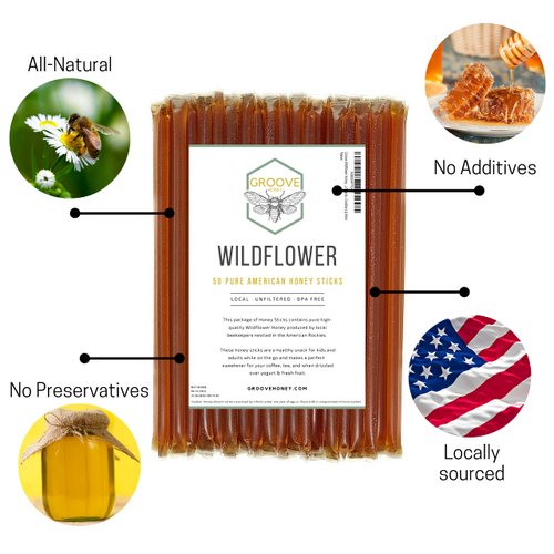 Wildflower Honey Sticks for Tea, Travel & Snacks - Premium Grade Pure Honey Packets are Farm Fresh from US Beekeepers - Each Honey Straw is full of Flavor that You'll Love - A Great Gift Idea (50)
