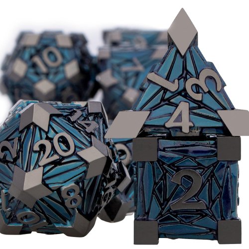 ORIFANTOU 7PCS Metal DND Dice Set Black Blue D&D Dice with Box, Debris RPG D and D Dice Dungeons and Dragons Role Playing Game Polyhedral Dice Set D20 D12 D10 D8 D6 D4