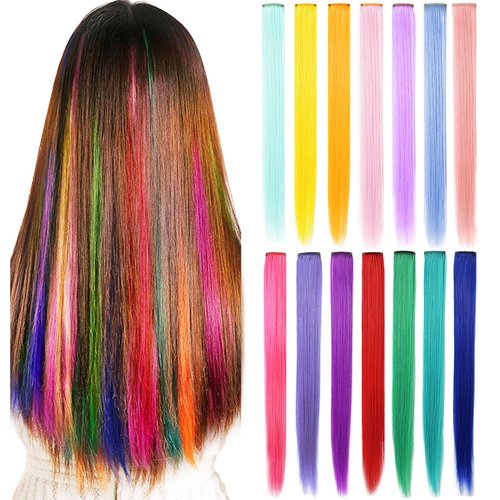 Rhyme 14 PCS Colored Hair Extensions Clip in/On for America Women Girls hiar Accessories Wig Pieces Synthetic Rainbow Hair Extensions (Multicolour)