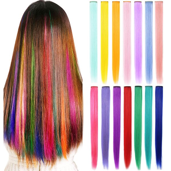 Rhyme 14 PCS Colored Hair Extensions Clip in/On for America Women Girls hiar Accessories Wig Pieces Synthetic Rainbow Hair Extensions (Multicolour)