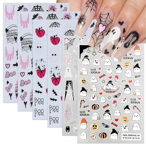6 Sheets Halloween Nail Art Stickers Cute Ghost Nail Stickers Spider Web 3D Self Adhesive Nail Decals Gothic Spider Spooky French Nail Design Stickers for Women Girls Acrylic Manicure Salon