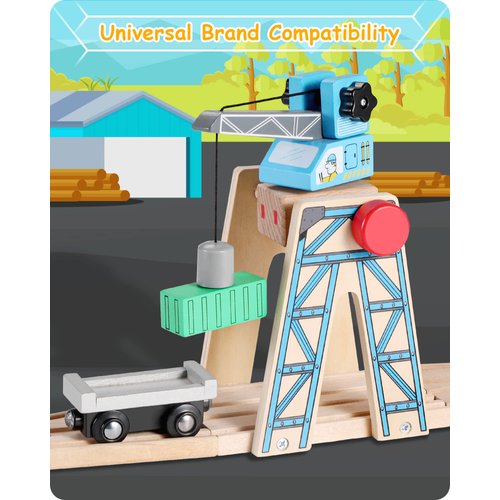 SainSmart Jr. Wooden Train Set Accessories, Magnetic Rotary Crane Set, Compatible with Brio, Thomas, Melissa and Doug